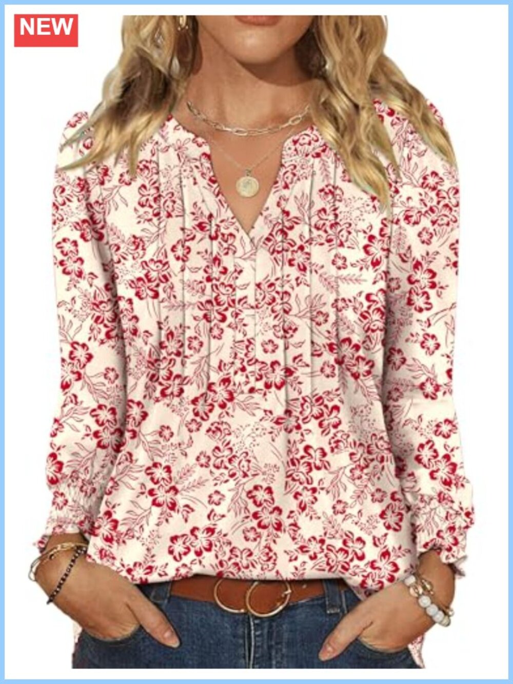 Womens Pleated Ruffle Long Sleeve Tunic Top V Neck Blouse
